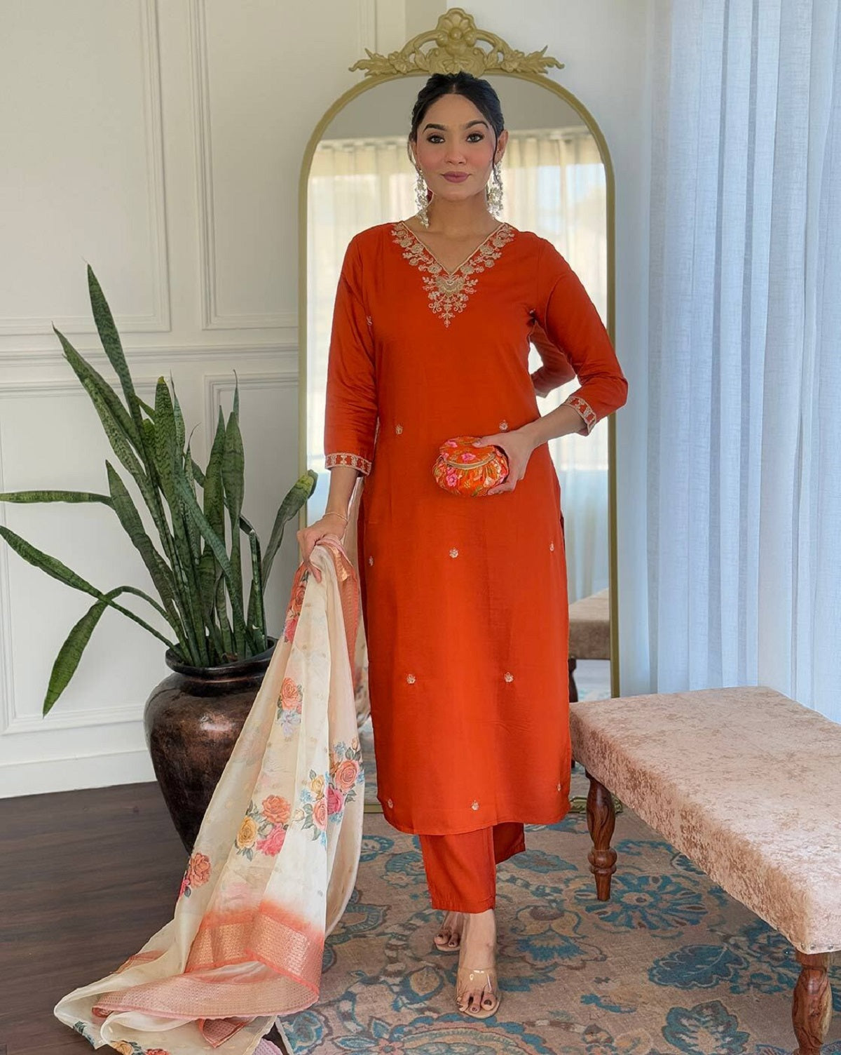 Dwija Fashion Orange Rust Party Wear Embroidered Silk Blend Kurti With Pant And Dupatta Set
