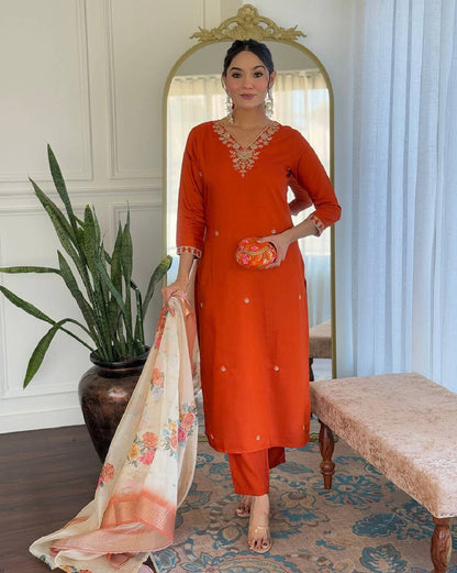 Dwija Fashion Orange Rust Party Wear Embroidered Silk Blend Kurti With Pant And Dupatta Set