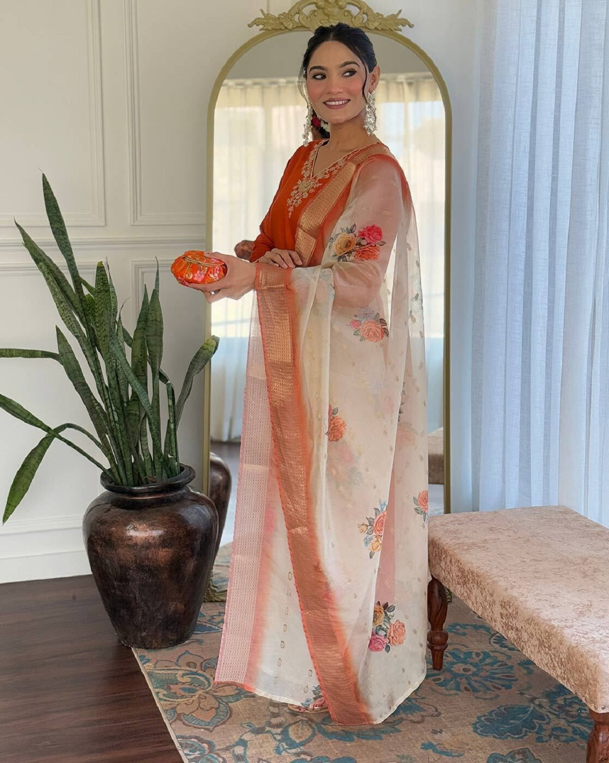 Dwija Fashion Embroidered Kurti With Pant And Duppata Set-Orange Rust