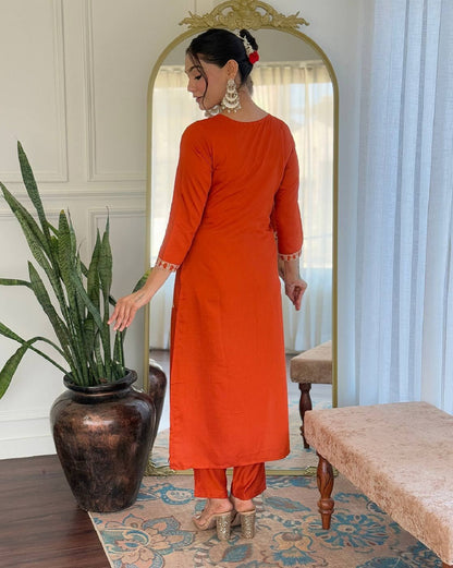 Dwija Fashion Embroidered Kurti With Pant And Duppata Set-Orange Rust