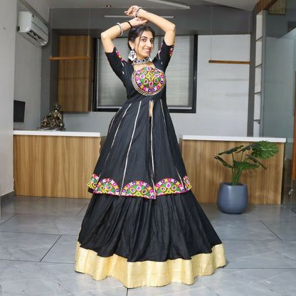 Yash Enterprise Black Rayon Cotton Embroidery Semi Stitched Navratri Top Chaniya Choli
