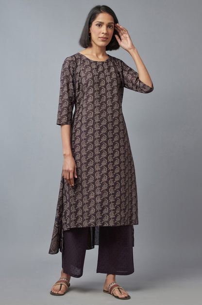 W for Woman Brown Paisley Printed Pure Cotton Flared Kurta and Parallel Pants Set