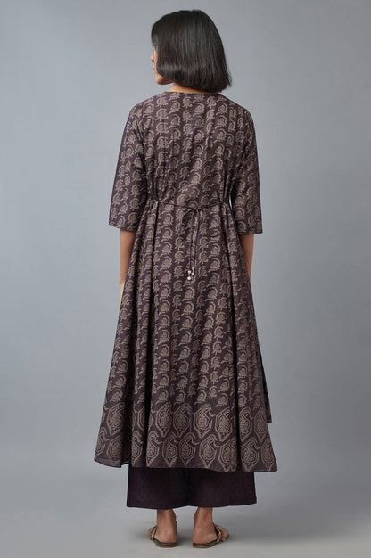 W for Woman Brown Paisley Printed Pure Cotton Flared Kurta and Parallel Pants Set