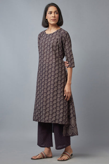W for Woman Brown Paisley Printed Pure Cotton Flared Kurta and Parallel Pants Set