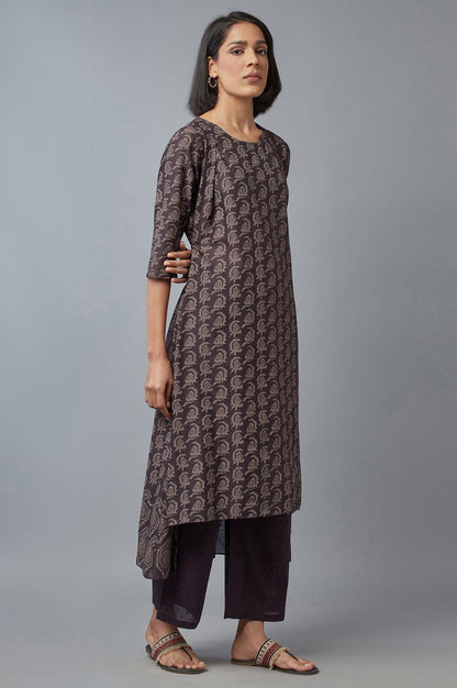 W for Woman Brown Paisley Printed Pure Cotton Flared Kurta and Parallel Pants Set