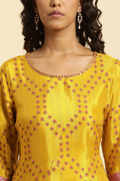W for Woman Yellow Geometric Printed Shantung Flared Kurta and Pants Set
