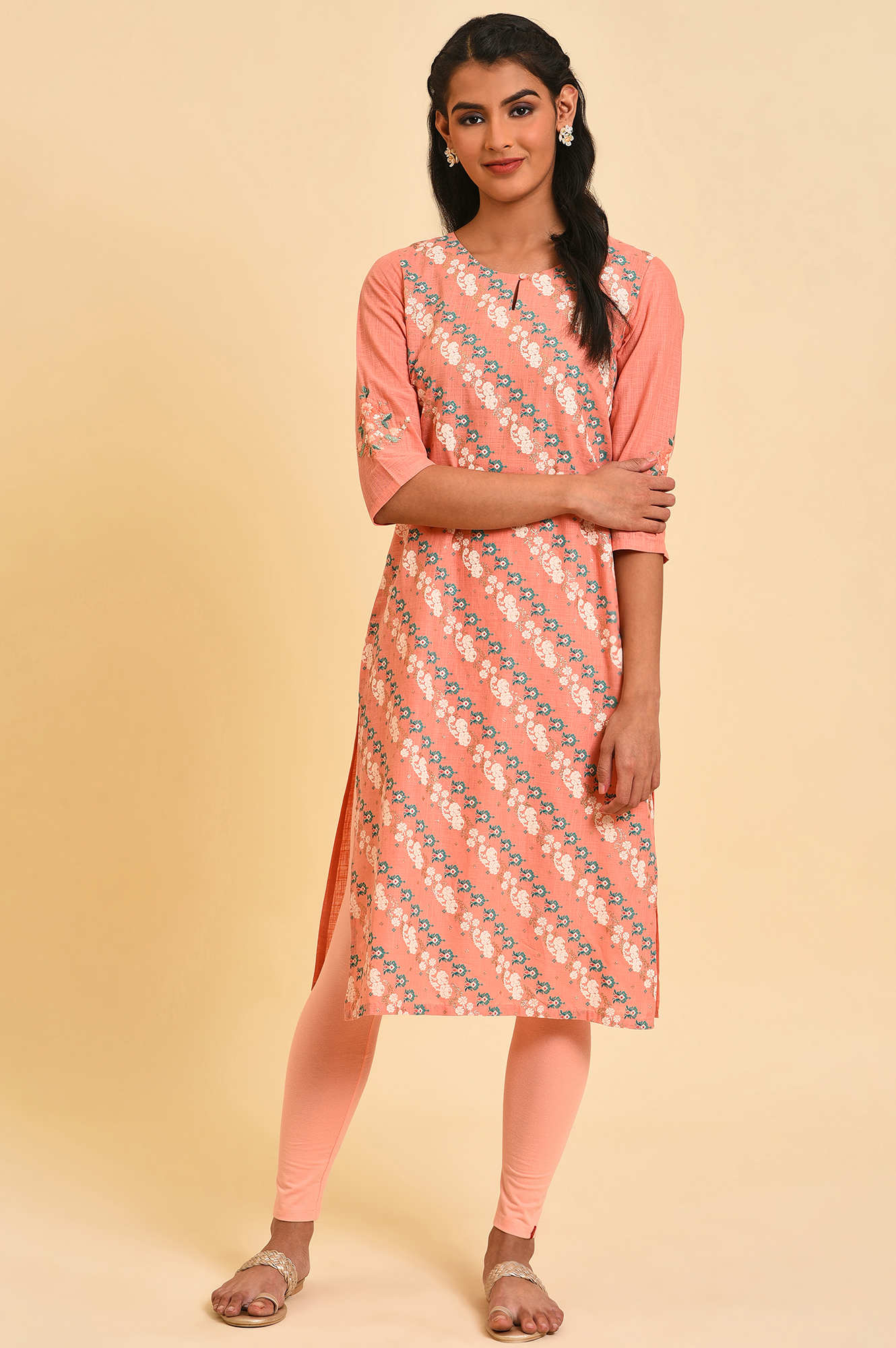 W for Woman Peach Glitter Printed Pure Cotton Straight Kurta and Leggings Set