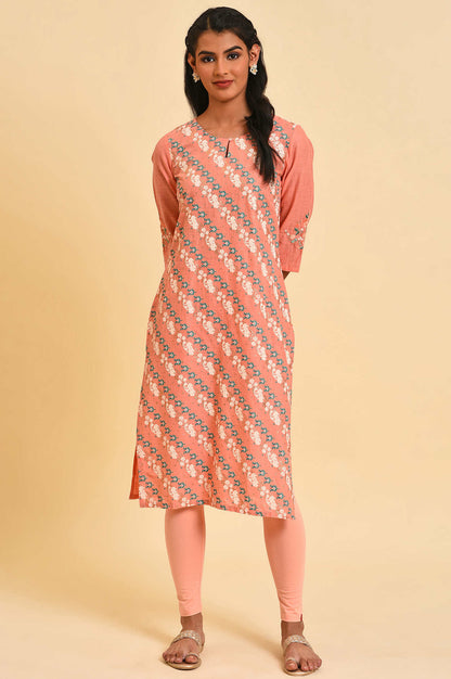 W for Woman Peach Glitter Printed Pure Cotton Straight Kurta and Leggings Set