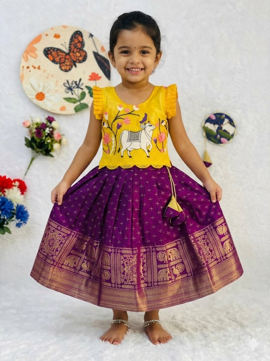 Teeya Creation Kids Latest Collection Girls Yellow & Wine Purple Pattu Pavadai Lehenga Set With Ruffle Sleeves-Yellow