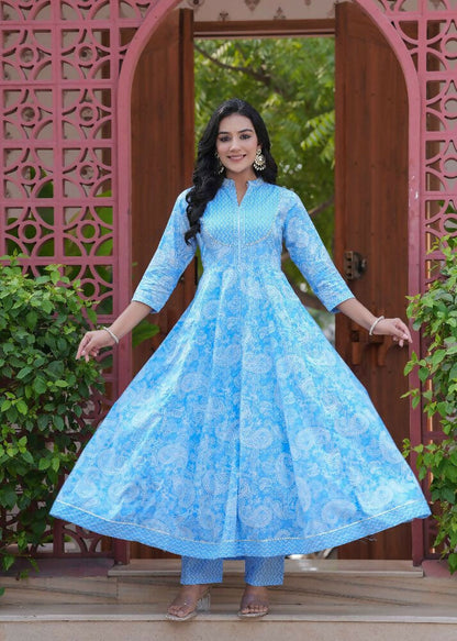 Jaimini Women Cotton Printed Mandarin Collar Neck Calf Length Flared Kurta Pant And Dupatta Set