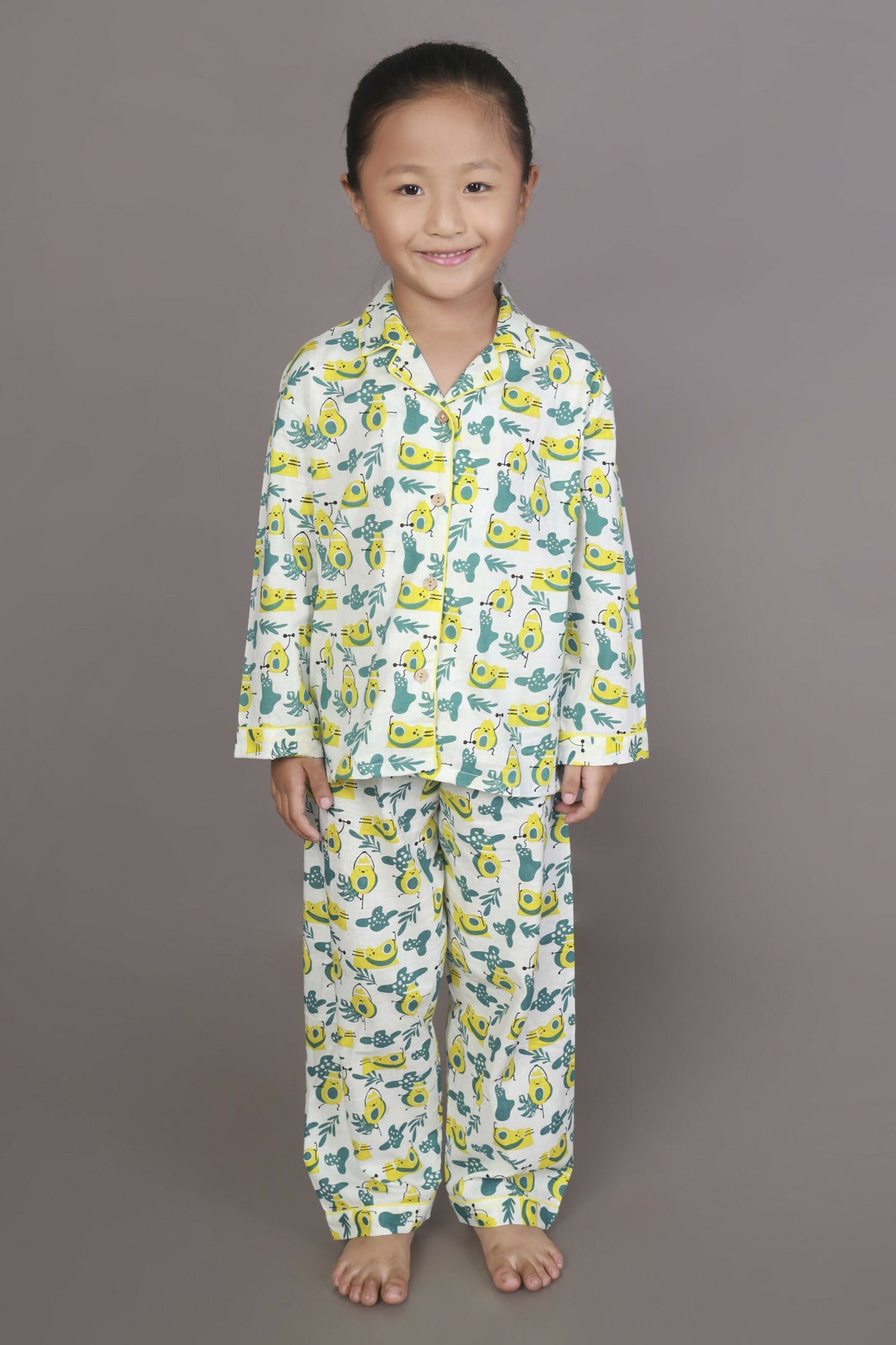 Breathables Kids Cotton Night Suit  White Avocado Print Shirt & Pyjama Co-Ord Set For Boys & Girls