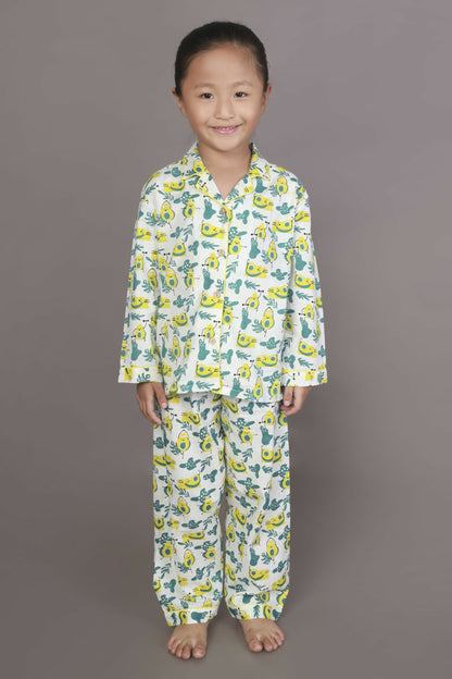 Breathables Kids Cotton Night Suit  White Avocado Print Shirt & Pyjama Co-Ord Set For Boys & Girls