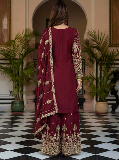 Teeya Creation New Trendy Traditional Wear Sharara with Heavy Border Dupatta Set - Maroon