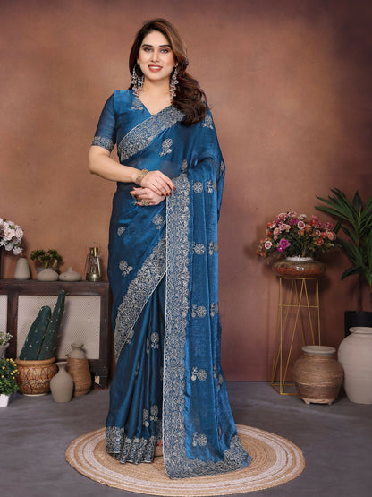 Teeya Creation New Trendy Party Wear Soft Satin Chiffon Saree-Blue