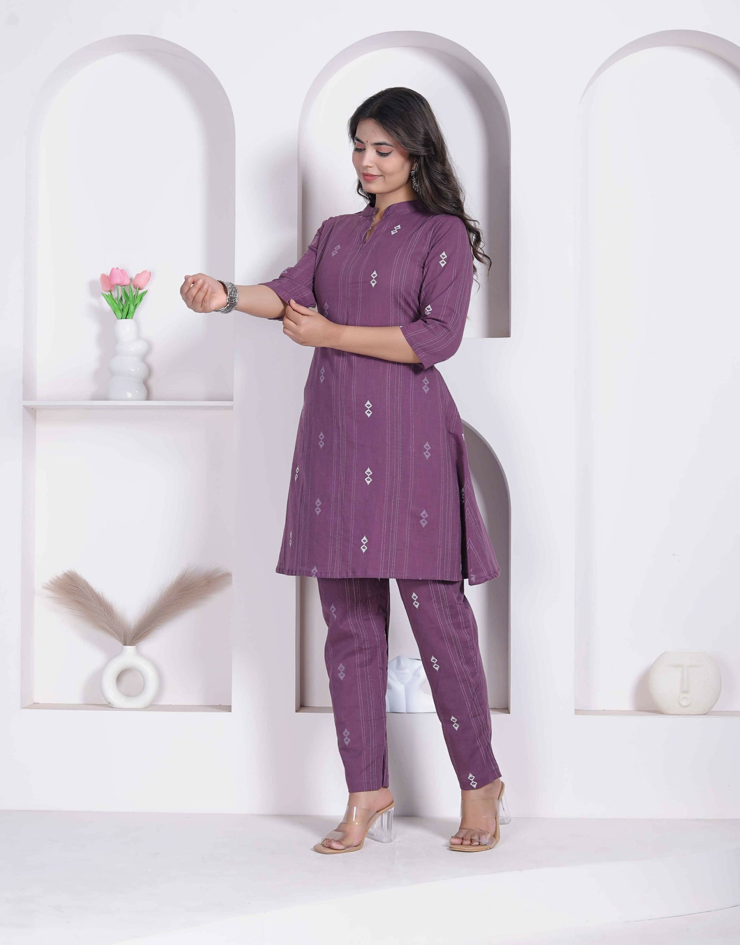Miravan Womens Abstract Printed Wine Kurta Set