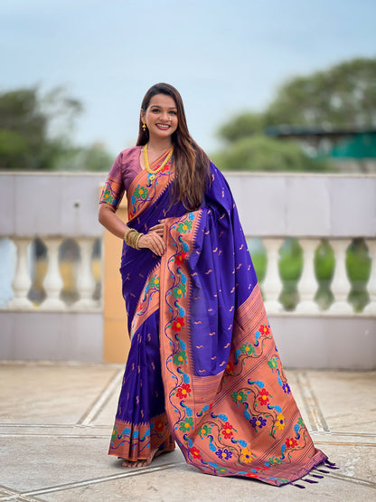 Mameraa Sarees Violet Faux Banarasi Silk Saree With Paithani Rich Weaved Pallu And Blouse-Violet