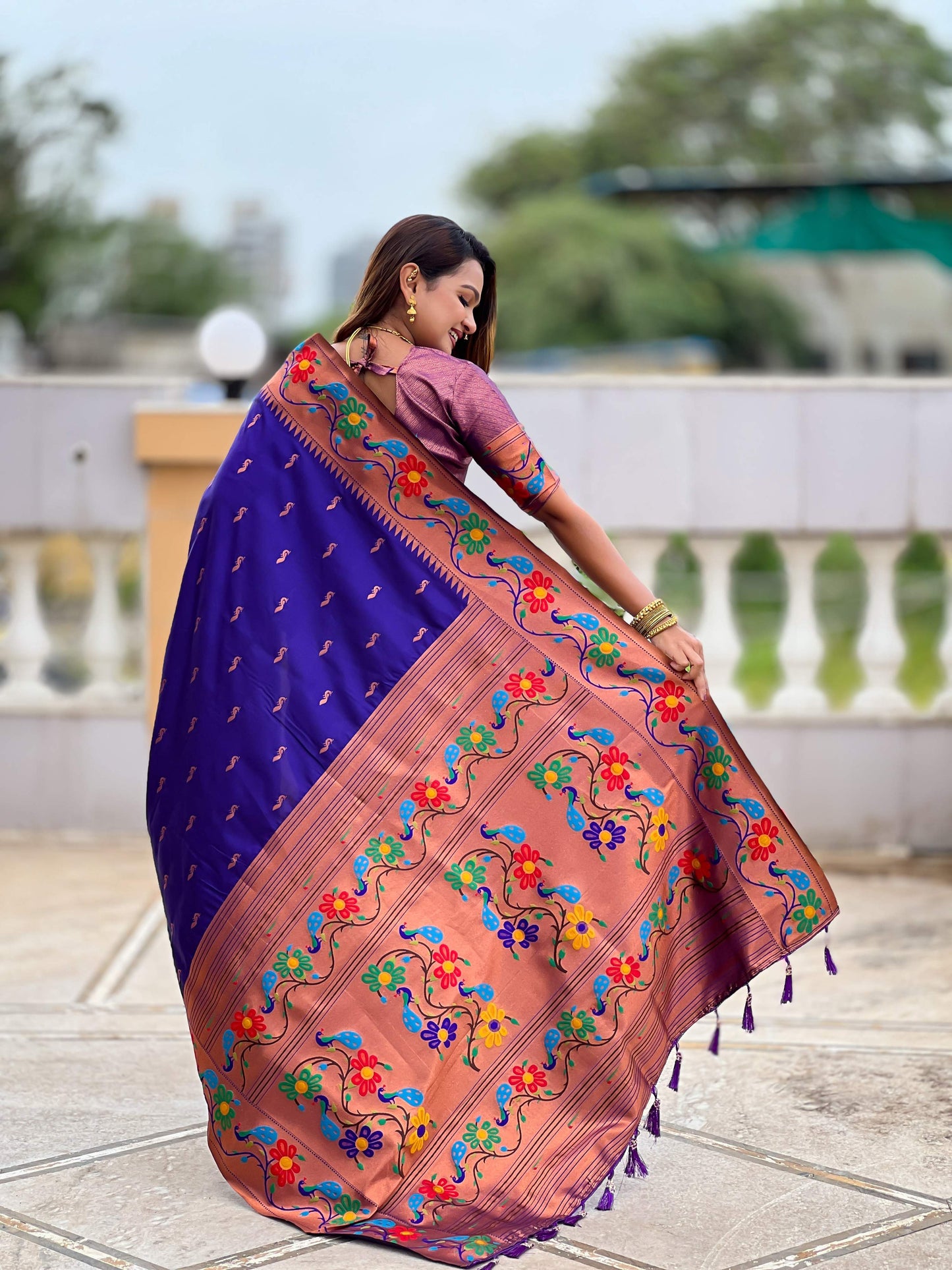 Mameraa Sarees Violet Faux Banarasi Silk Saree With Paithani Rich Weaved Pallu And Blouse-Violet