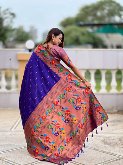 Mameraa Sarees Violet Faux Banarasi Silk Saree With Paithani Rich Weaved Pallu And Blouse-Violet