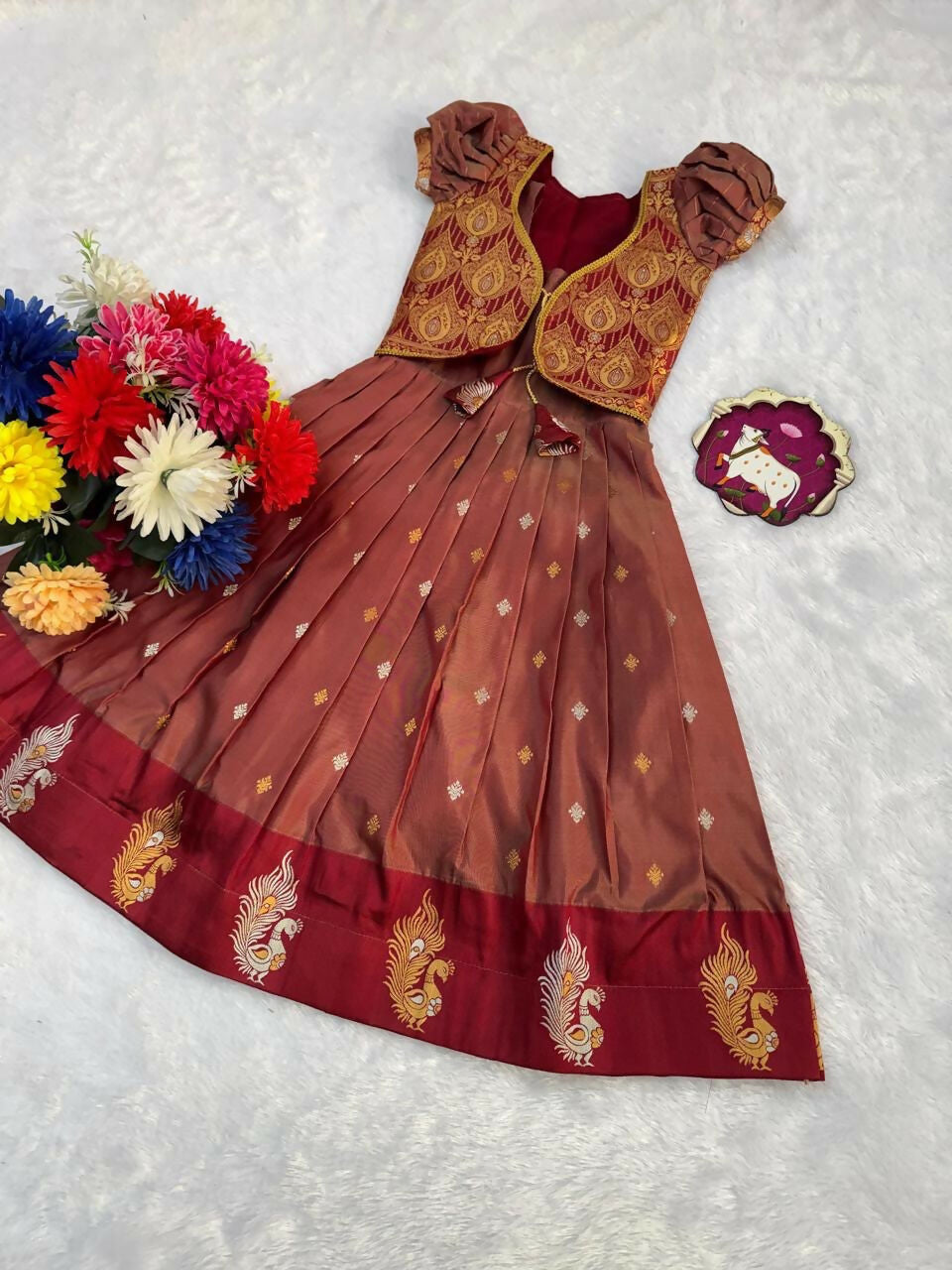 Teeya Creation Girls Rust Red Silk Traditional Langa Voni Lehenga Set With Koti Jacket-Red