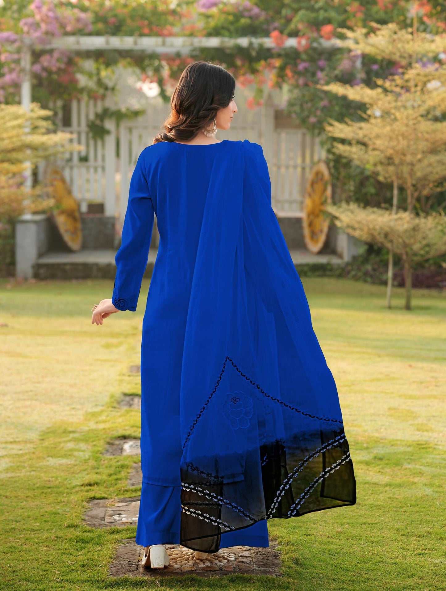 Nikhaar Royal Blue Embroidered Art Silk Stitched Straight Cut Kurta Palazzo Dupatta Readymade Suit