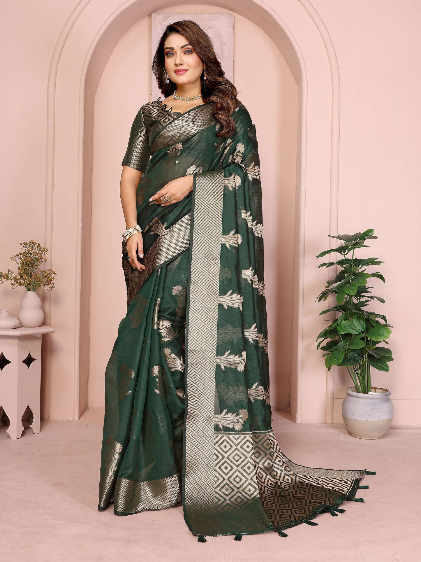 Aastha Fashion Dark Green Soft Organza Silk Weaving Saree