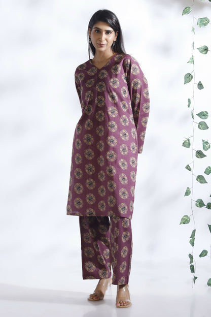 Breathables Wine Butta Print Cotton Kurta & Pants Set
