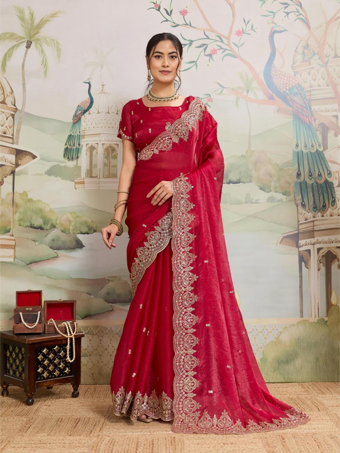 Dwija Fashion Red Party Wear Embroidered Jimmy Choo Organza Saree With Unstitched Blouse