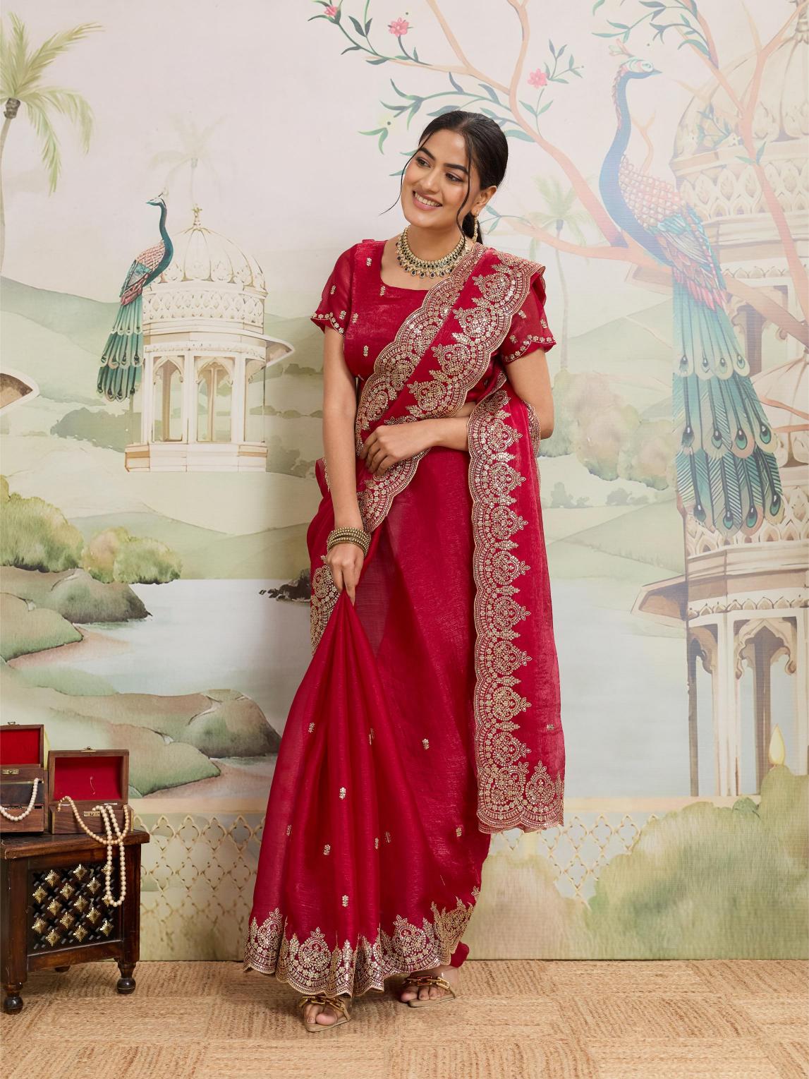 Dwija Fashion Red Party Wear Embroidered Jimmy Choo Organza Saree With Unstitched Blouse