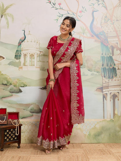 Dwija Fashion Red Party Wear Embroidered Jimmy Choo Organza Saree With Unstitched Blouse