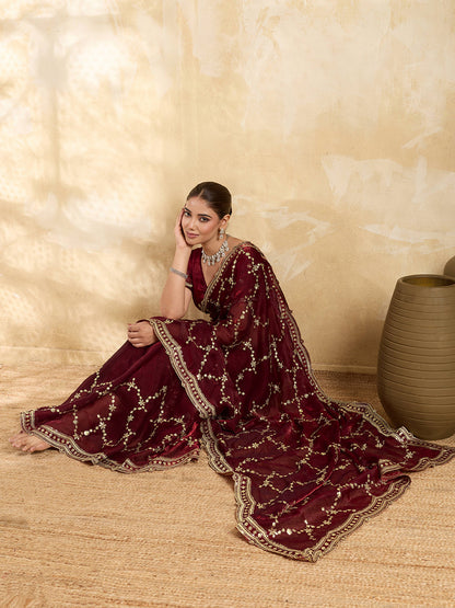 Dwija Fashion Maroon Party Wear Embroidered Jimmy Choo Saree With Unstitched Blouse