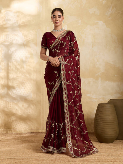 Dwija Fashion Maroon Party Wear Embroidered Jimmy Choo Saree With Unstitched Blouse
