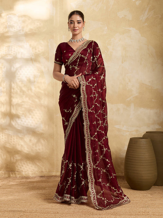 Dwija Fashion Maroon Party Wear Embroidered Jimmy Choo Saree With Unstitched Blouse
