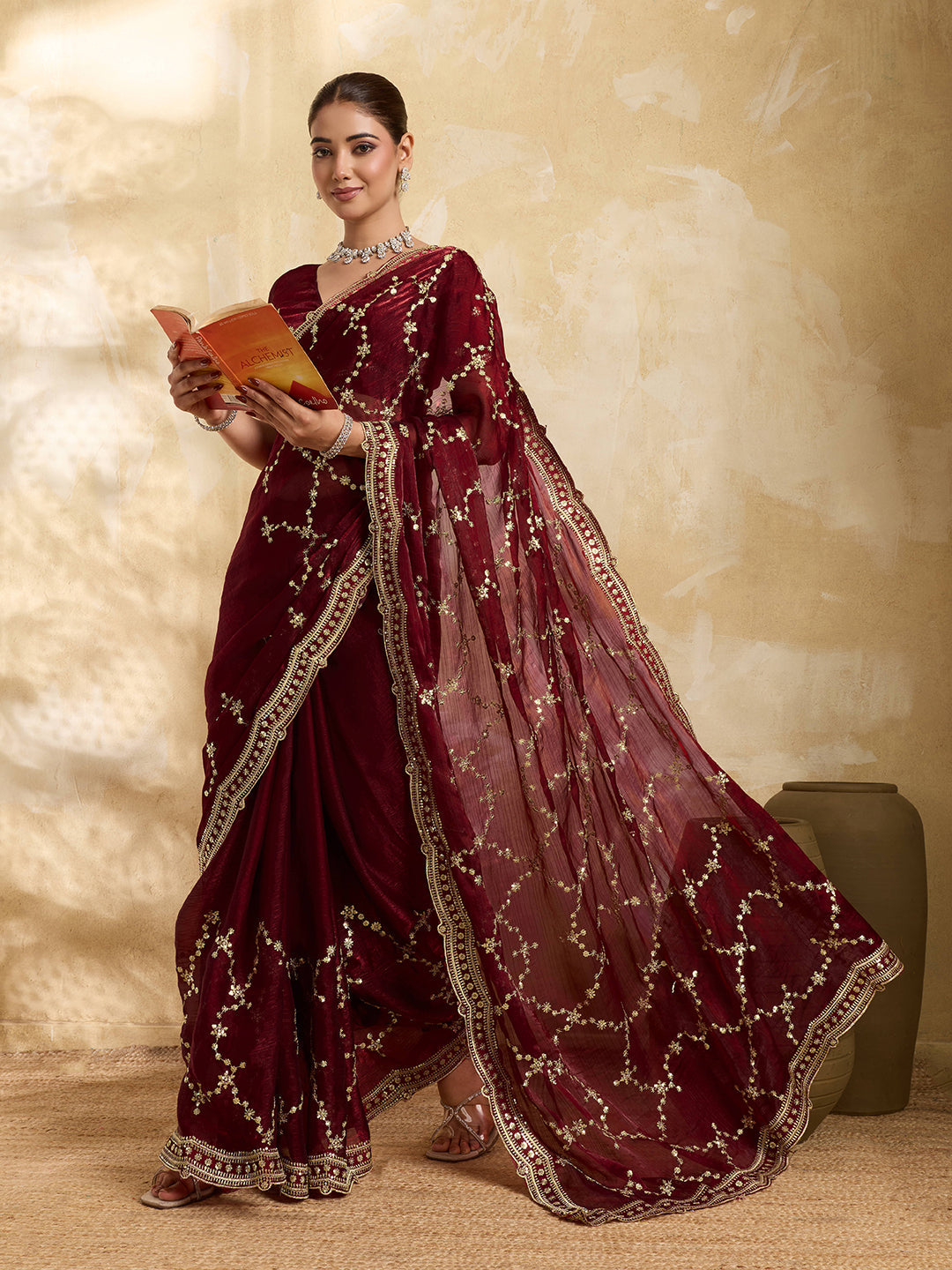 Dwija Fashion Maroon Party Wear Embroidered Jimmy Choo Saree With Unstitched Blouse