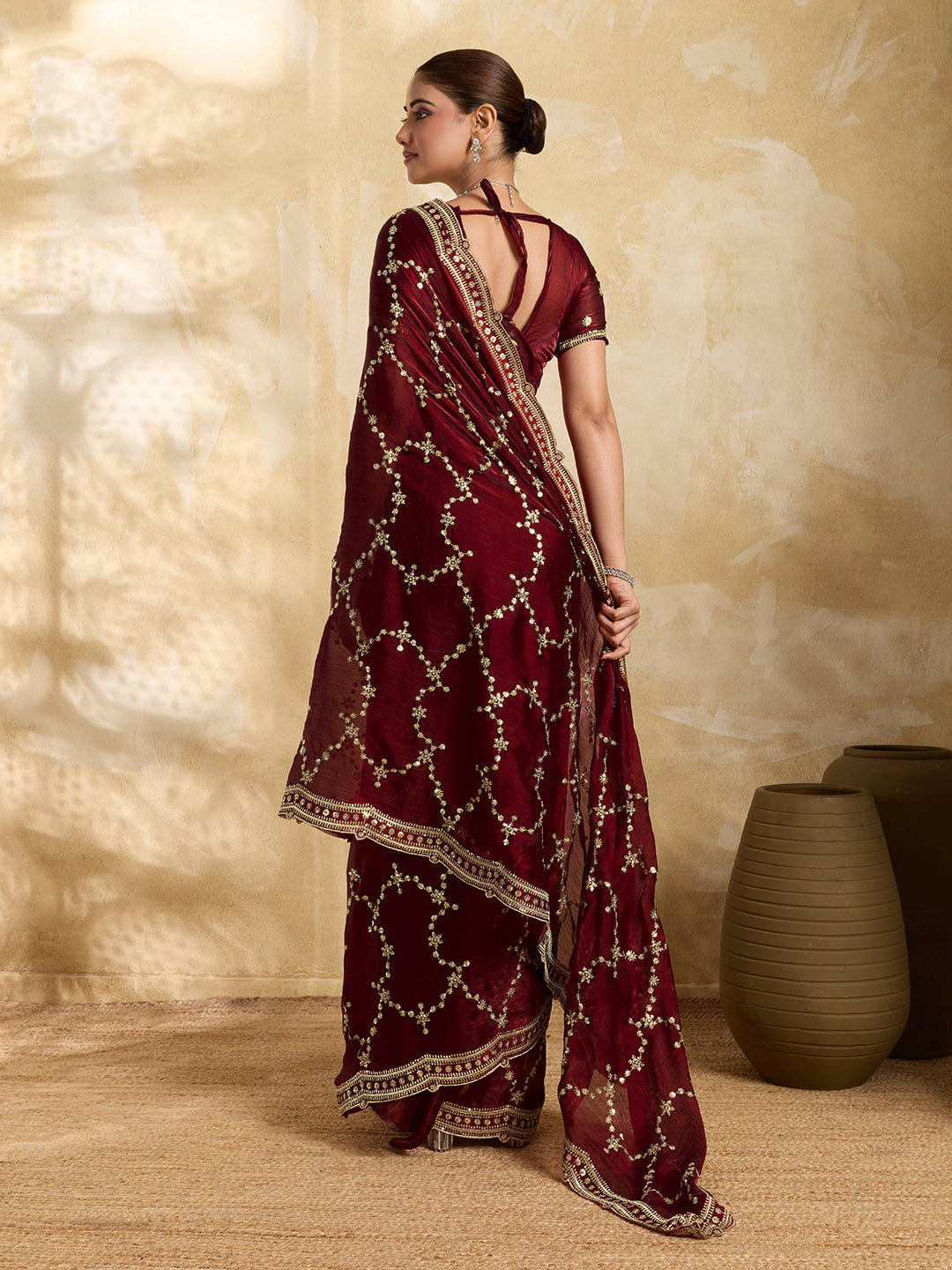 Dwija Fashion Maroon Party Wear Embroidered Jimmy Choo Saree With Unstitched Blouse