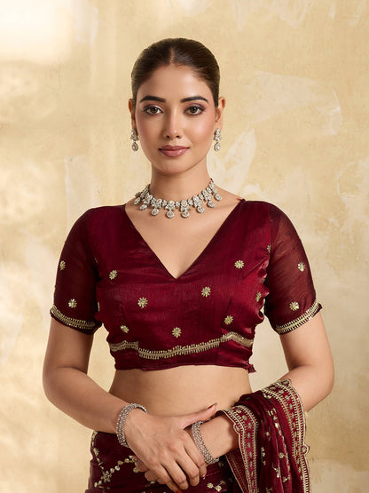 Dwija Fashion Maroon Party Wear Embroidered Jimmy Choo Saree With Unstitched Blouse