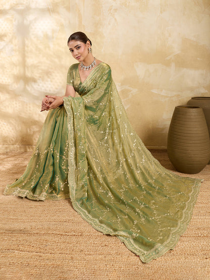 Dwija Fashion Mint Green Party Wear Embroidered Jimmy Choo Saree With Unstitched Blouse