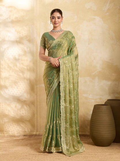 Dwija Fashion Mint Green Party Wear Embroidered Jimmy Choo Saree With Unstitched Blouse