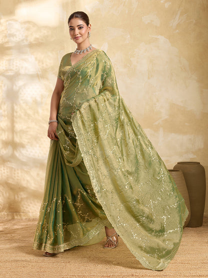 Dwija Fashion Mint Green Party Wear Embroidered Jimmy Choo Saree With Unstitched Blouse