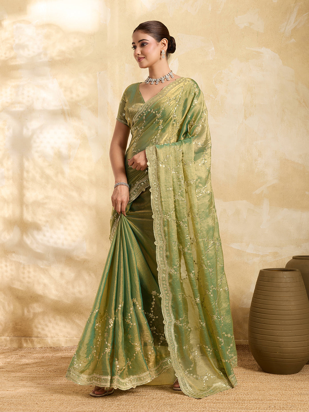 Dwija Fashion Mint Green Party Wear Embroidered Jimmy Choo Saree With Unstitched Blouse