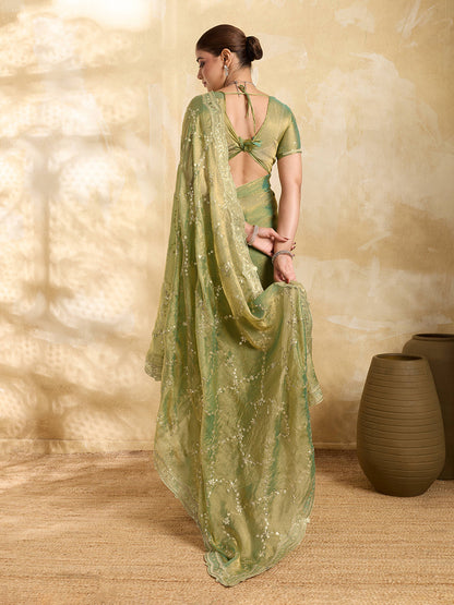 Dwija Fashion Mint Green Party Wear Embroidered Jimmy Choo Saree With Unstitched Blouse