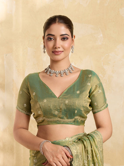 Dwija Fashion Mint Green Party Wear Embroidered Jimmy Choo Saree With Unstitched Blouse