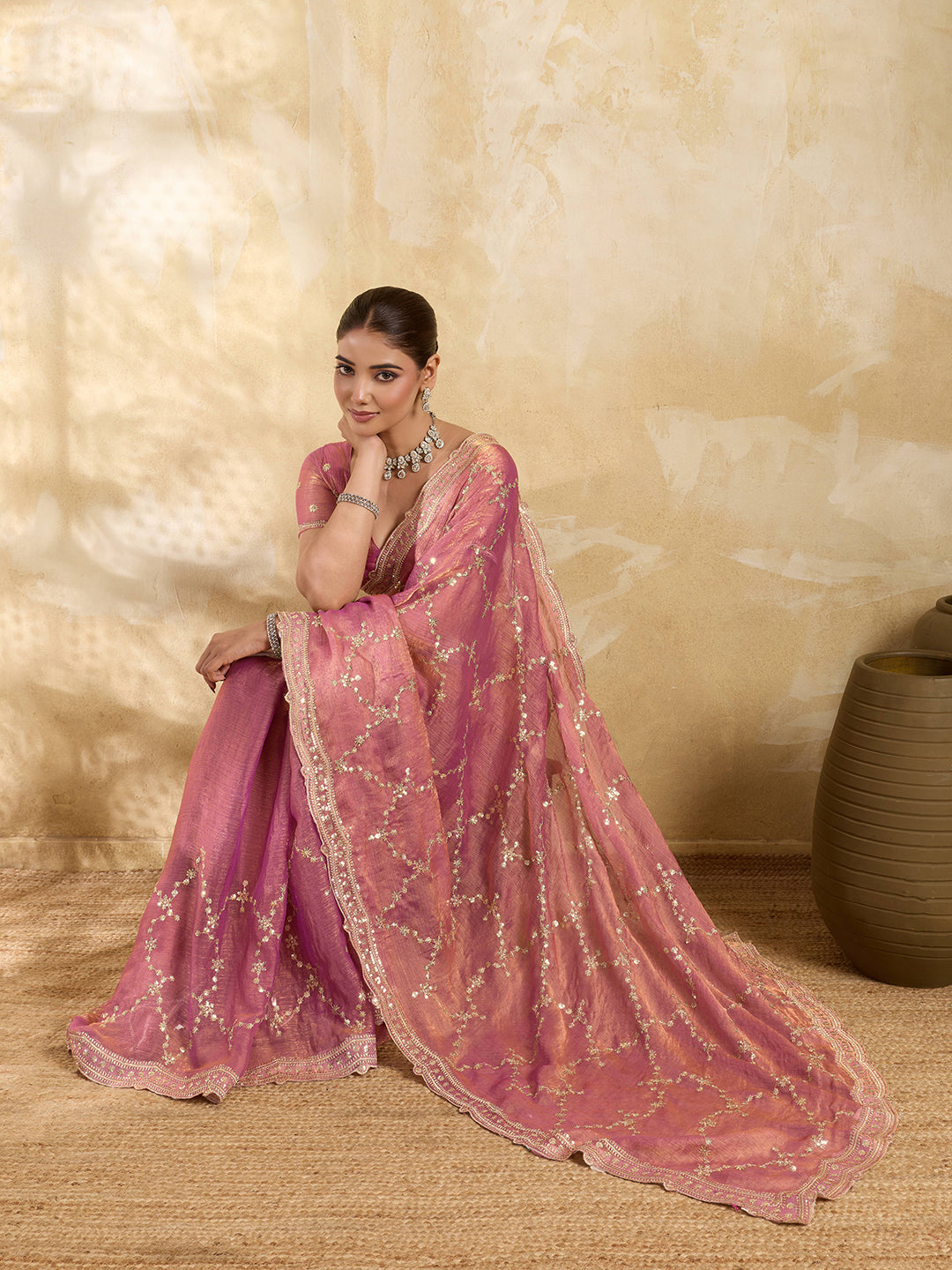 Dwija Fashion Pink Party Wear Embroidered Jimmy Choo Saree With Unstitched Blouse