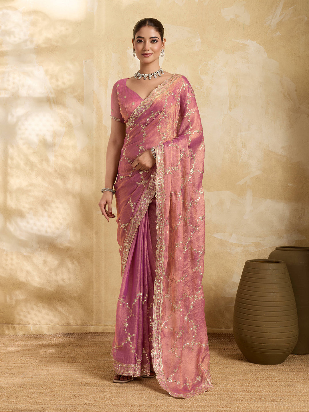 Dwija Fashion Pink Party Wear Embroidered Jimmy Choo Saree With Unstitched Blouse