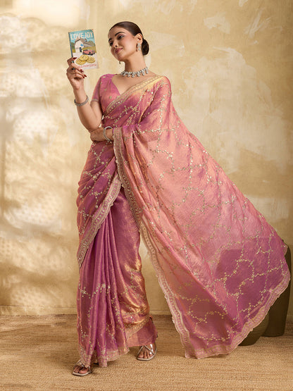 Dwija Fashion Pink Party Wear Embroidered Jimmy Choo Saree With Unstitched Blouse