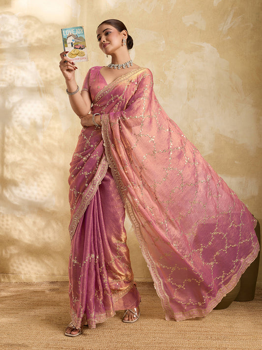 Dwija Fashion Pink Party Wear Embroidered Jimmy Choo Saree With Unstitched Blouse