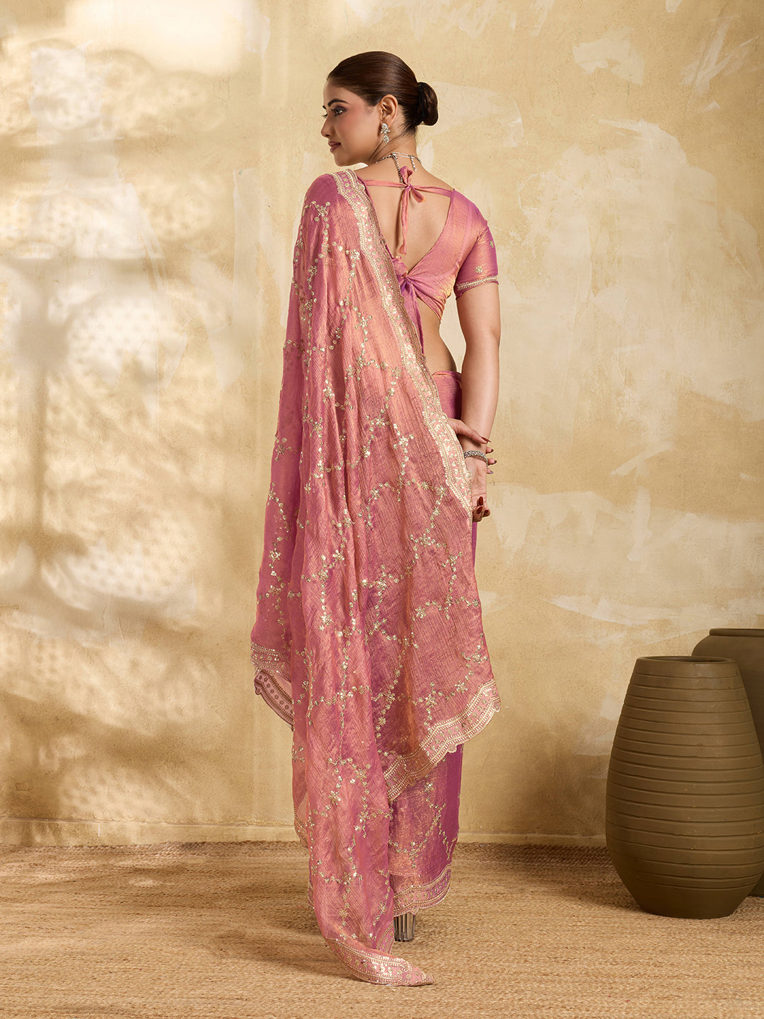 Dwija Fashion Pink Party Wear Embroidered Jimmy Choo Saree With Unstitched Blouse