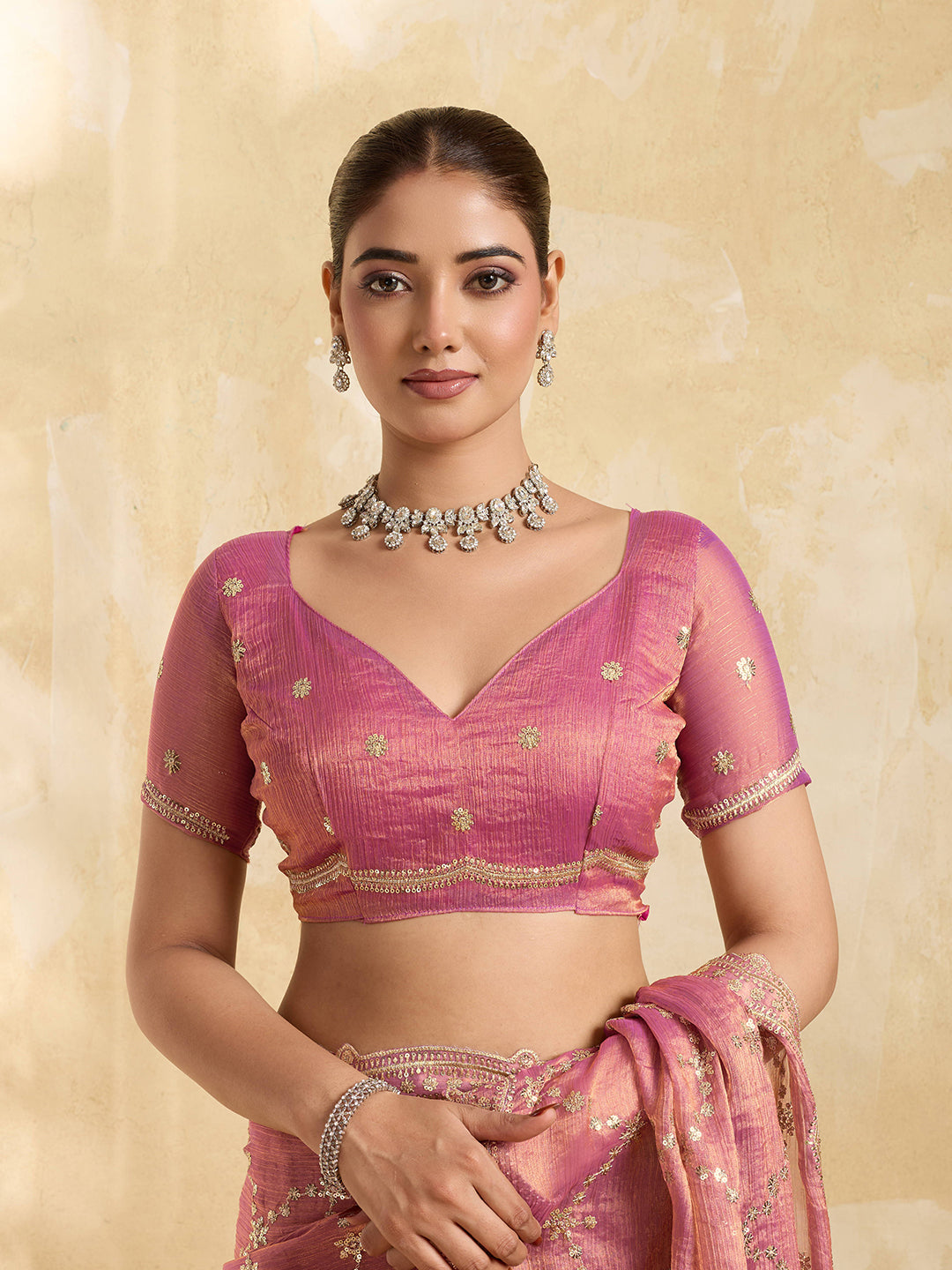 Dwija Fashion Pink Party Wear Embroidered Jimmy Choo Saree With Unstitched Blouse