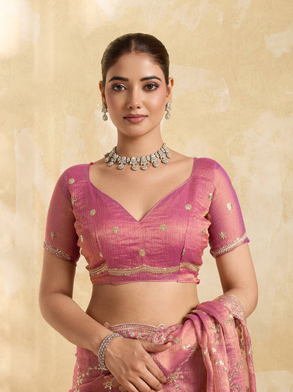 Dwija Fashion Pink Party Wear Embroidered Jimmy Choo Saree With Unstitched Blouse
