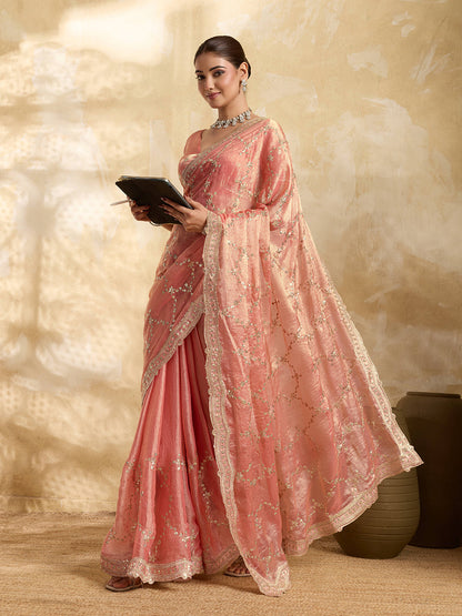 Dwija Fashion Peach Party Wear Embroidered Jimmy Choo Saree With Unstitched Blouse