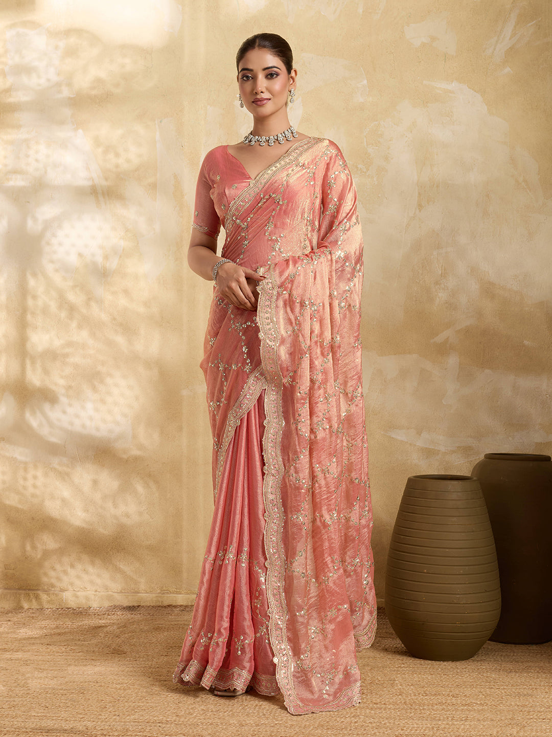 Dwija Fashion Peach Party Wear Embroidered Jimmy Choo Saree With Unstitched Blouse